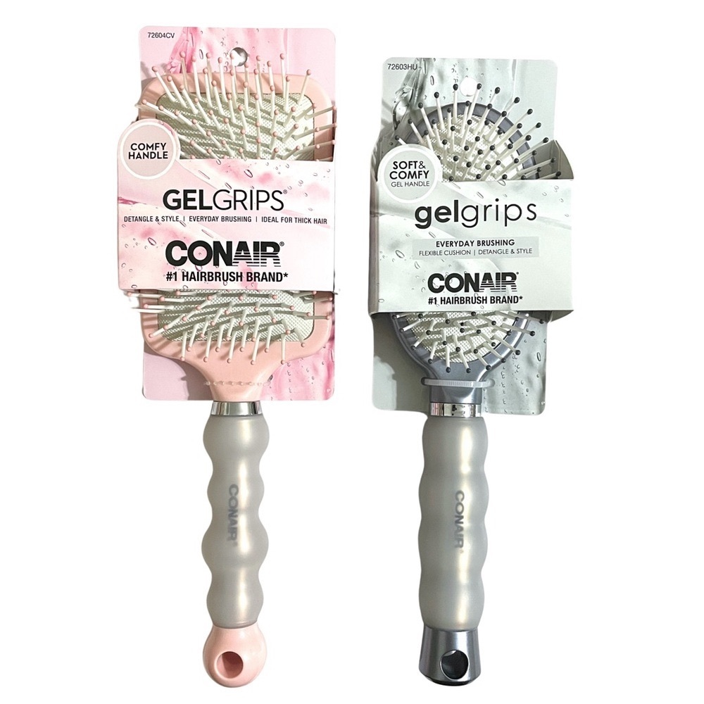 2 Conair Gel Grips Hair Brushes - Paddle & Cushion Style, Pink Brush, Grey Brush